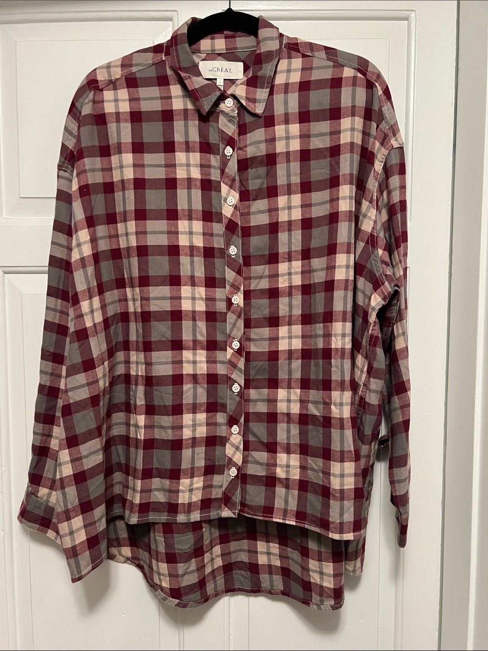 THE GREAT. Burgundy, Cream & Gray Plaid Button-Up